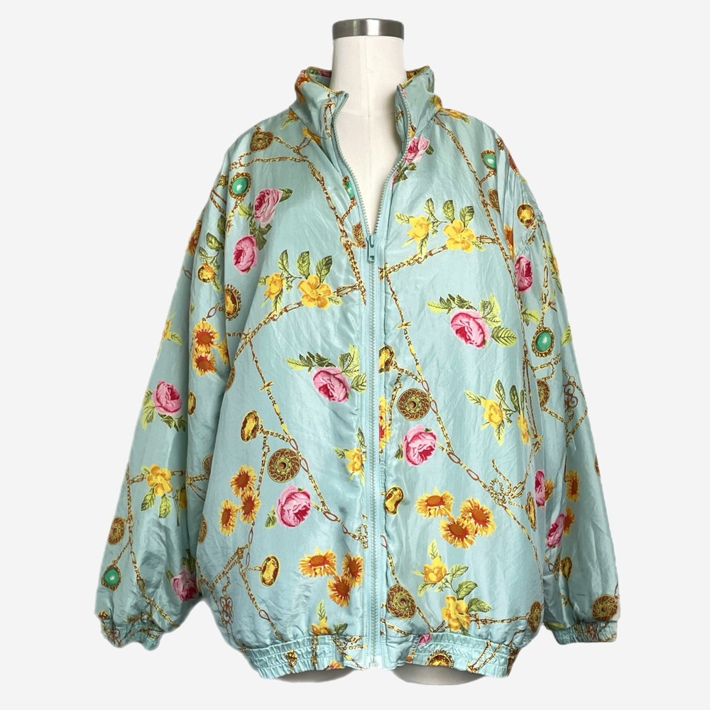 Vintage 90s Avon Style silk quilted windbreaker floral chain jewels baby blue L